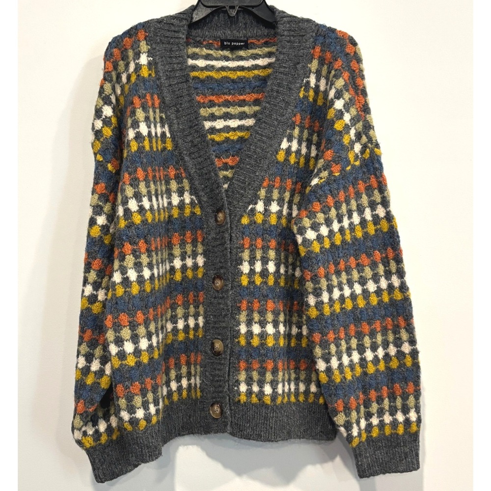 Womens Geometric Cardigan Oversized Large Wool Blend Retro Diamond Pattern 21045